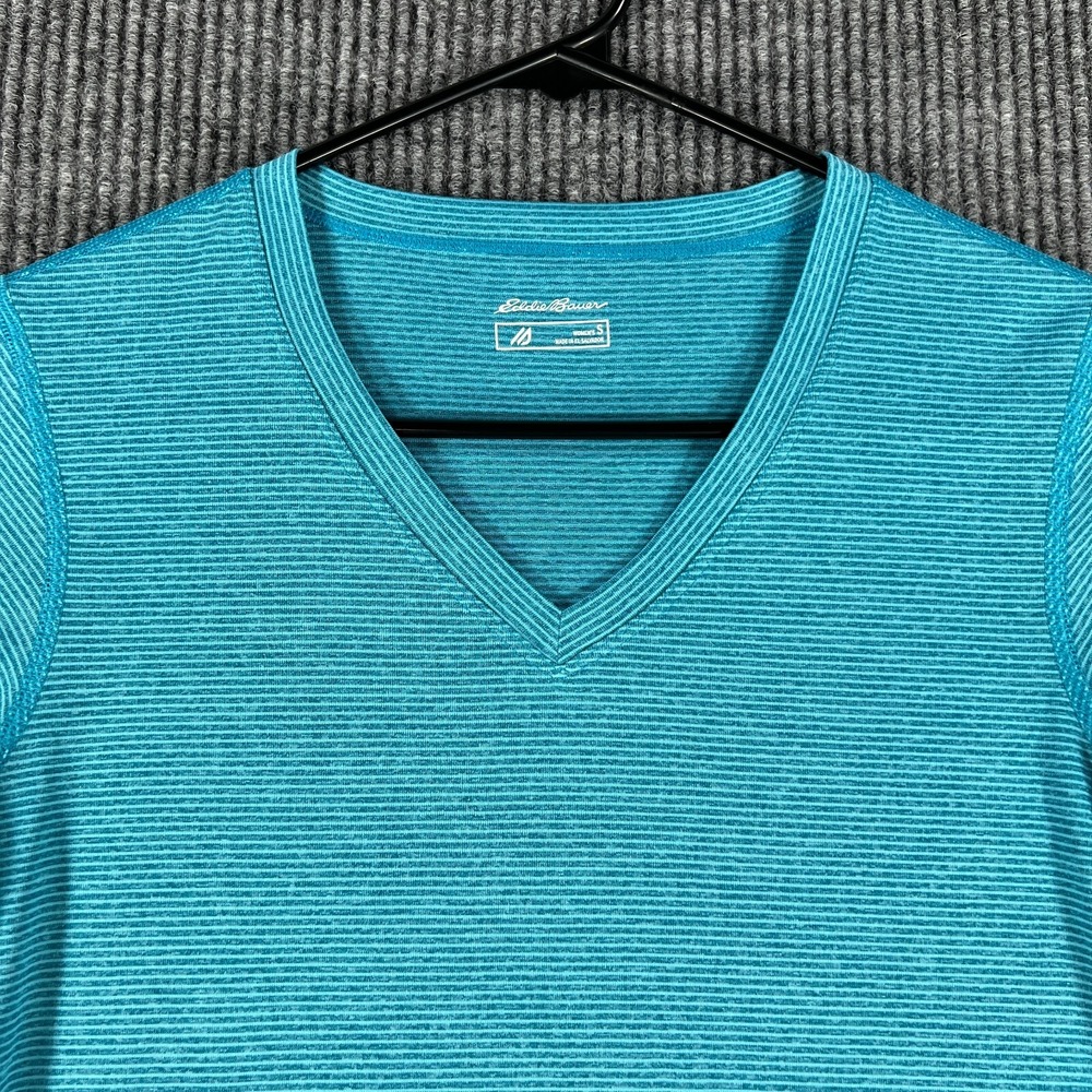 Eddie Bauer Shirt Womens Small Blue Green V Neck Short Sleeve Lightweight Casual